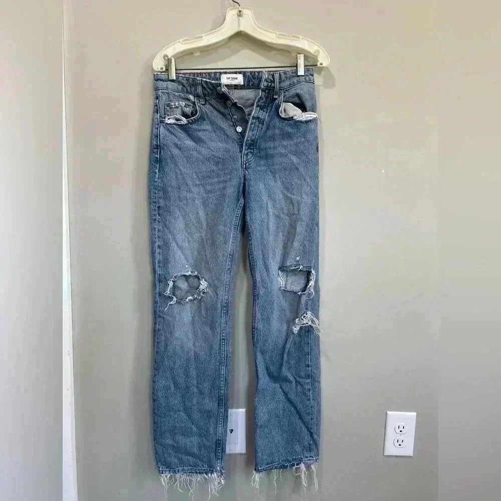 Zara Straight Leg Mid Rise Dark Wash Distressed Woman’s Jeans Size 2